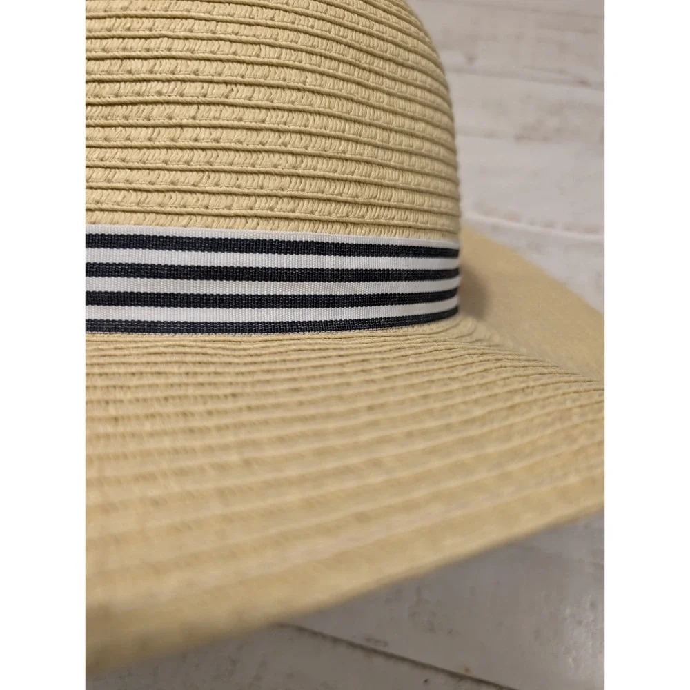 Talbots Women's Wide Brim Sun Hat Black White Pink Pom Pom Beach Summer Vacation